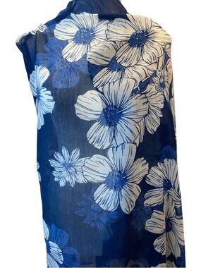 Blue & White with black accents Floral Sheer Scarf 34” x 72”